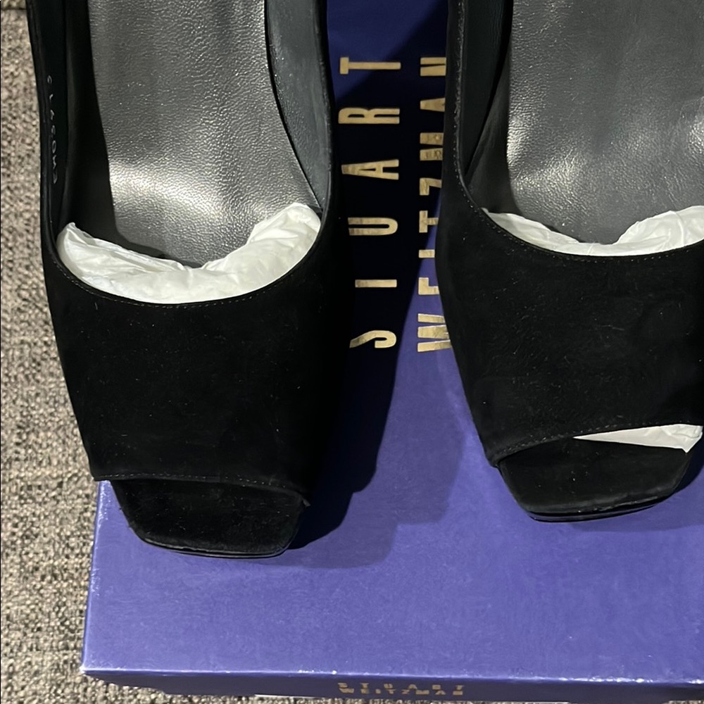 New with Box Stuart Weitzman black suede  'Tofu' peep toe pumps - Picture 3 of 14